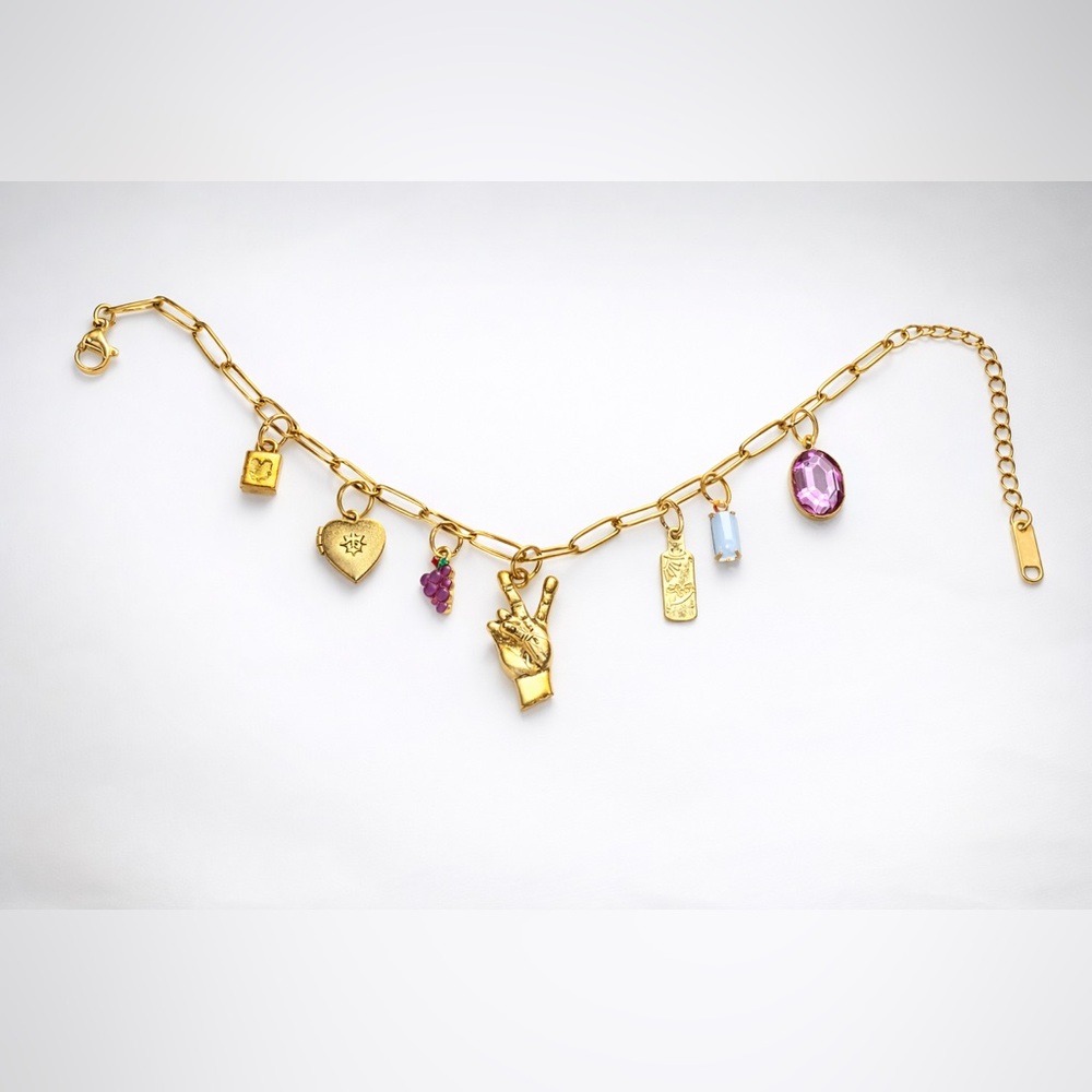Gold Charm Bracelet with Pink and Blue Accents